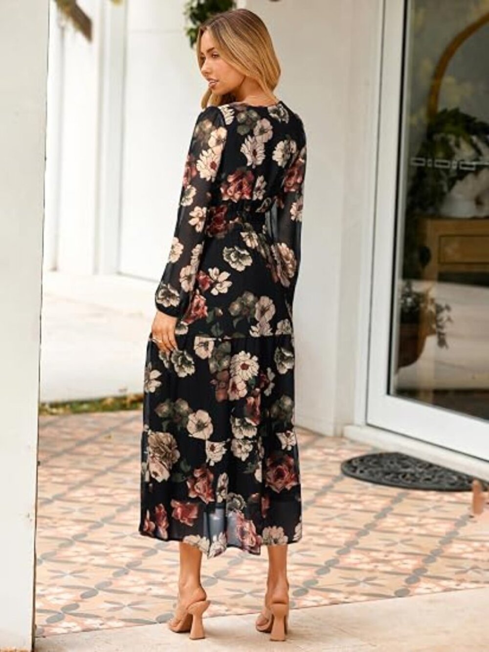 Women's Floral Boho Long Sleeve Maxi Dress V Neck Empire Waist Swing Flowy Weddi - Picture 3 of 4